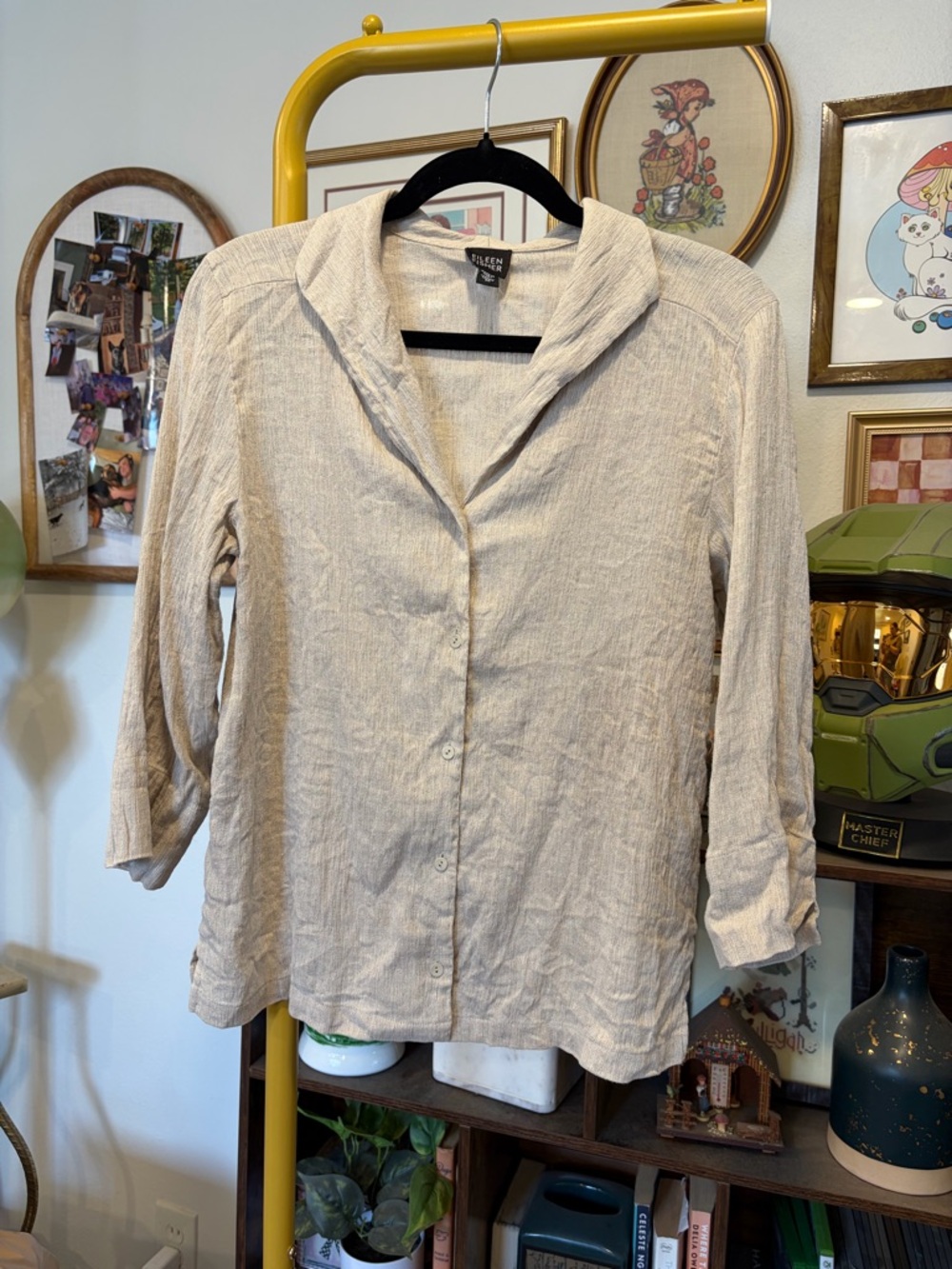 Eileen Fisher Natural/Cream Button-Down Linen Blend Shirt